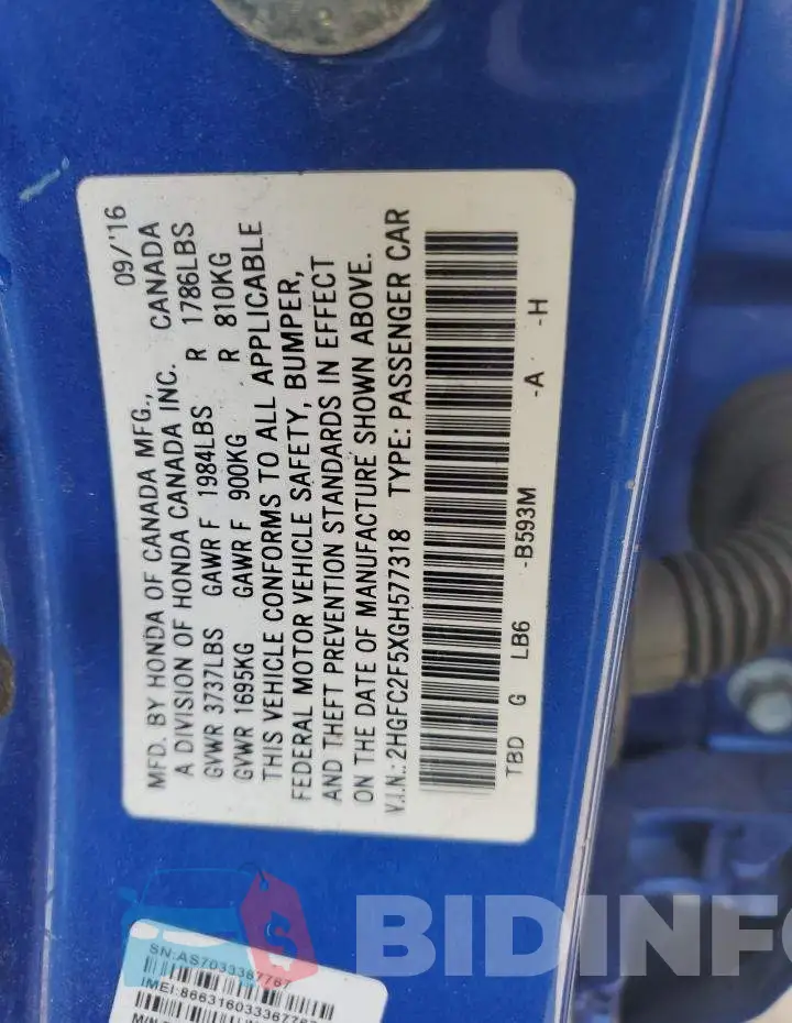 2HGFC2F5XGH577318 Photo# 12