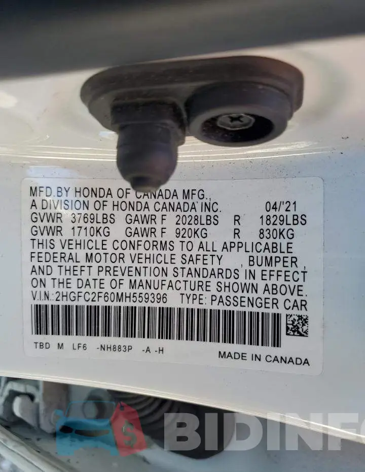 2HGFC2F60MH559396 Photo# 12