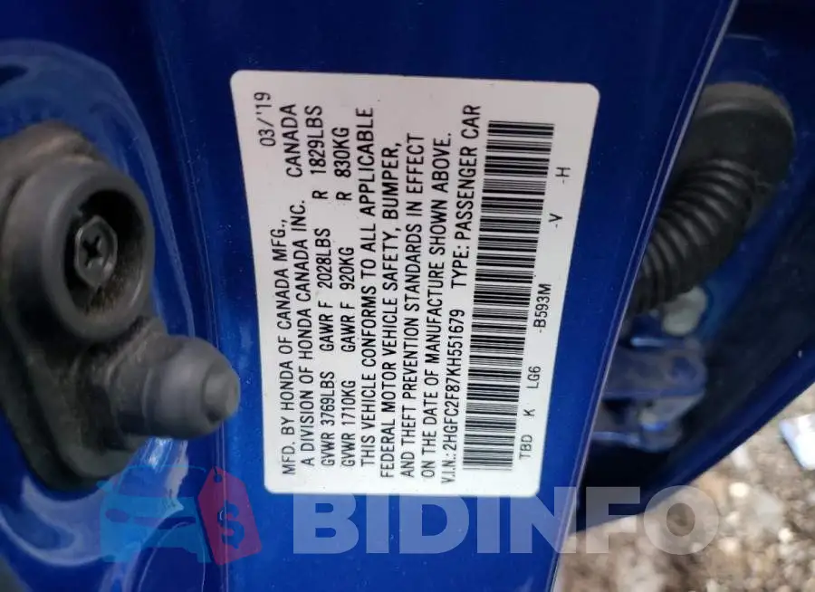 2HGFC2F87KH551679 Photo# 13