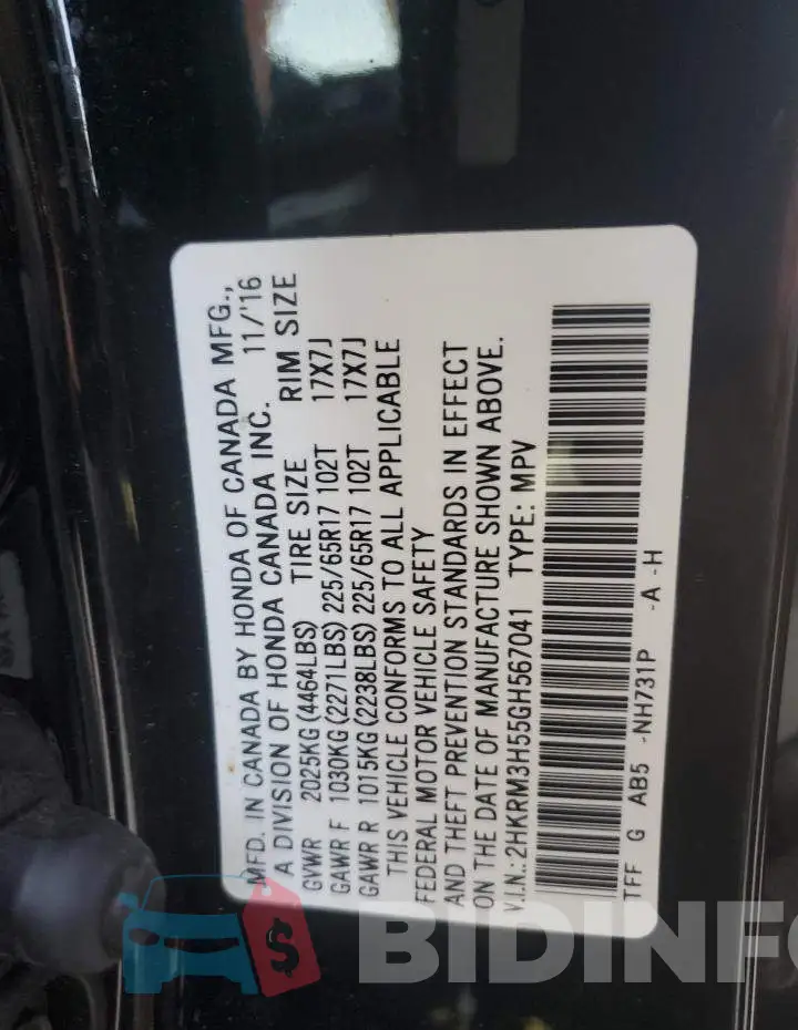 2HKRM3H55GH567041 Photo# 12