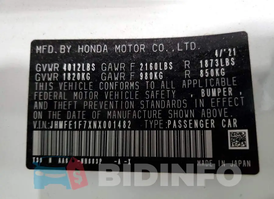 JHMFE1F7XNX001482 Photo# 12