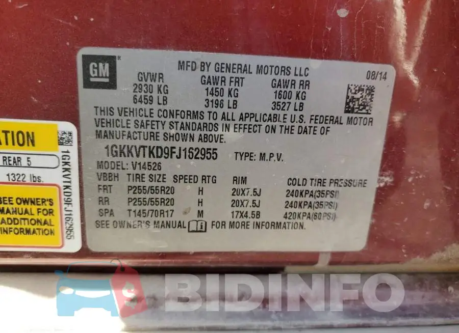 1GKKVTKD9FJ162955 Photo# 13