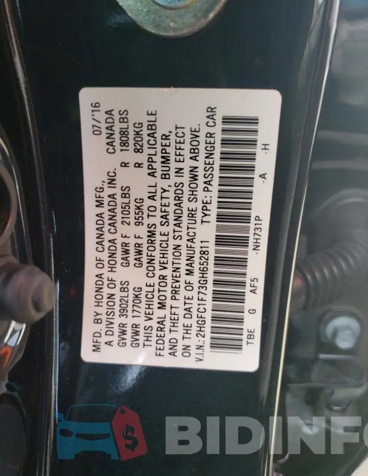 2HGFC1F73GH652811 Photo# 12