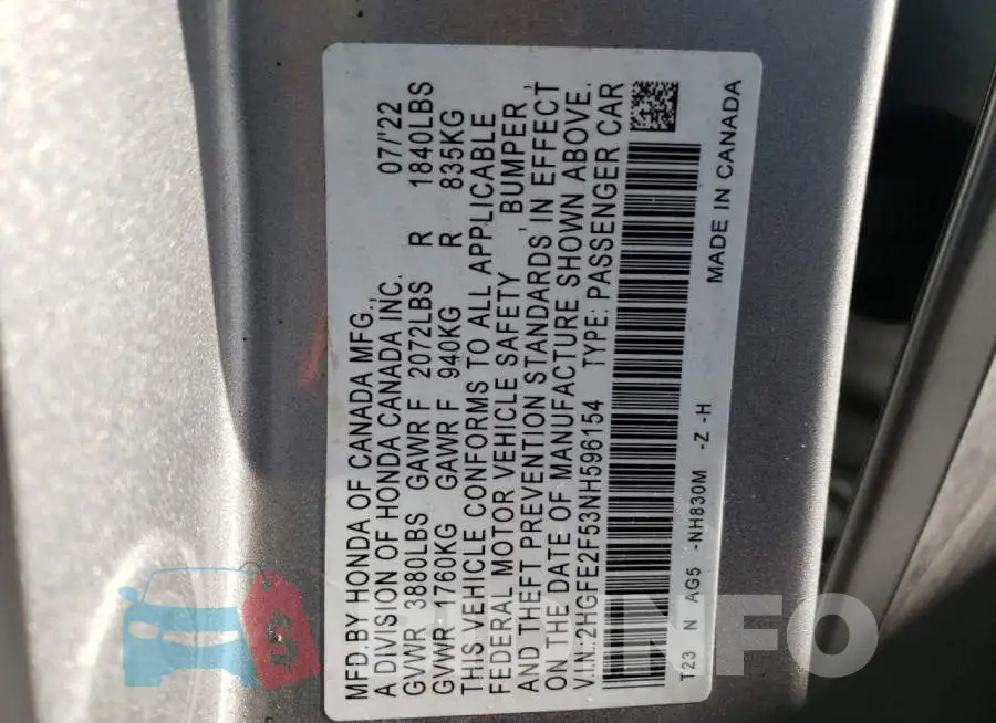 2HGFE2F53NH596154 Photo# 12