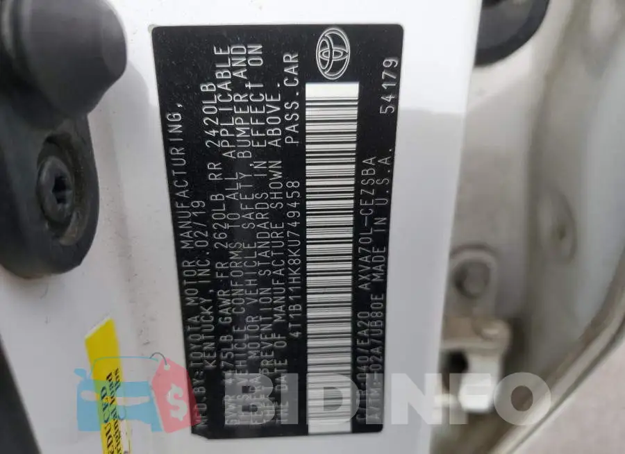 4T1B11HK8KU749458 Photo# 12