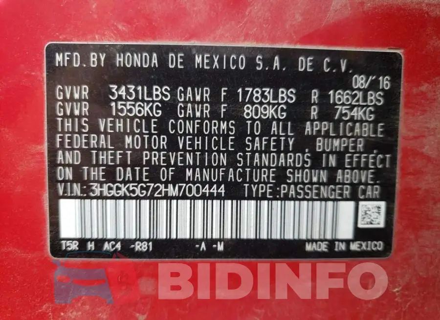 3HGGK5G72HM700444 Photo# 13