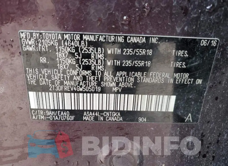 2T3DFREV4GW505019 Photo# 13