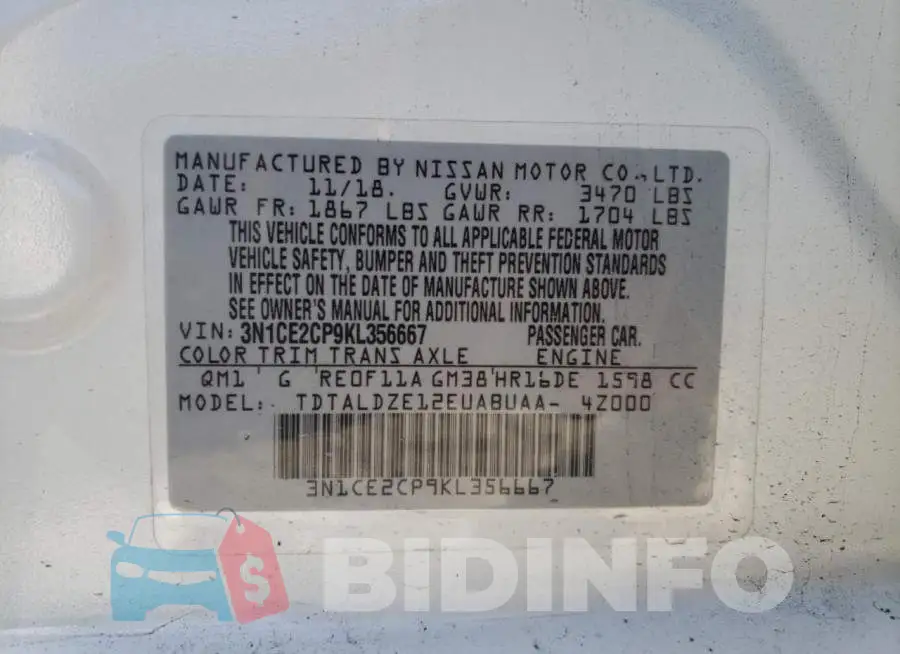 3N1CE2CP9KL356667 Photo# 12