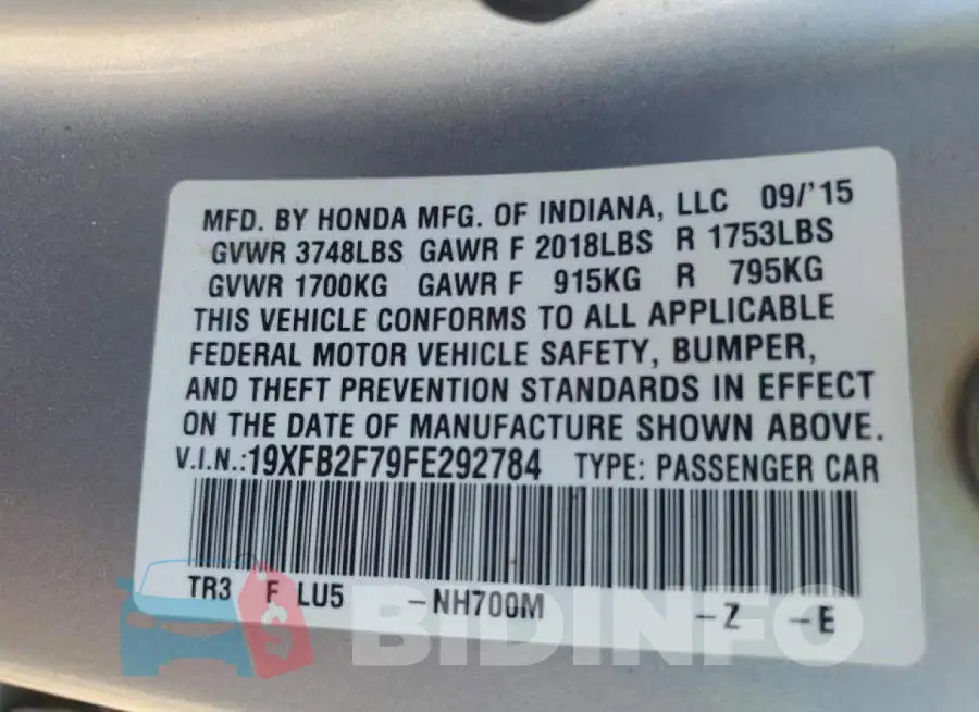 19XFB2F79FE292784 Photo# 12