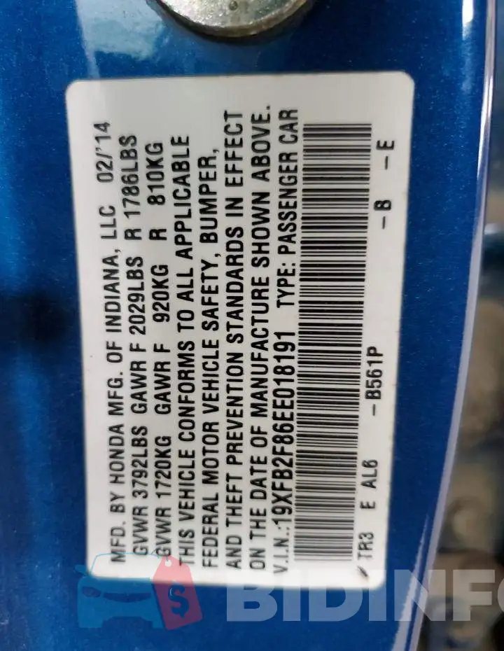 19XFB2F86EE018191 Photo# 12