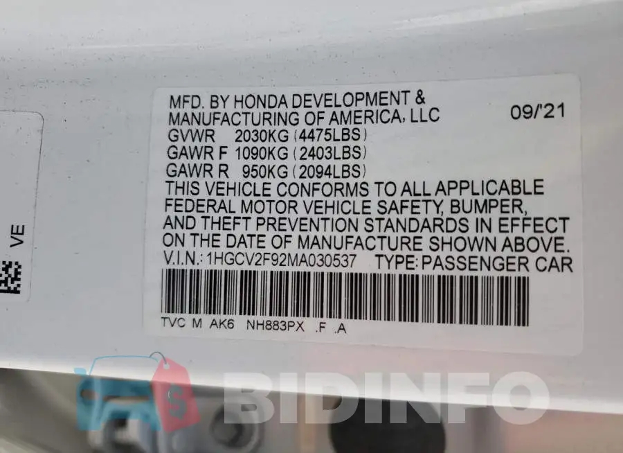 1HGCV2F92MA030537 Photo# 12
