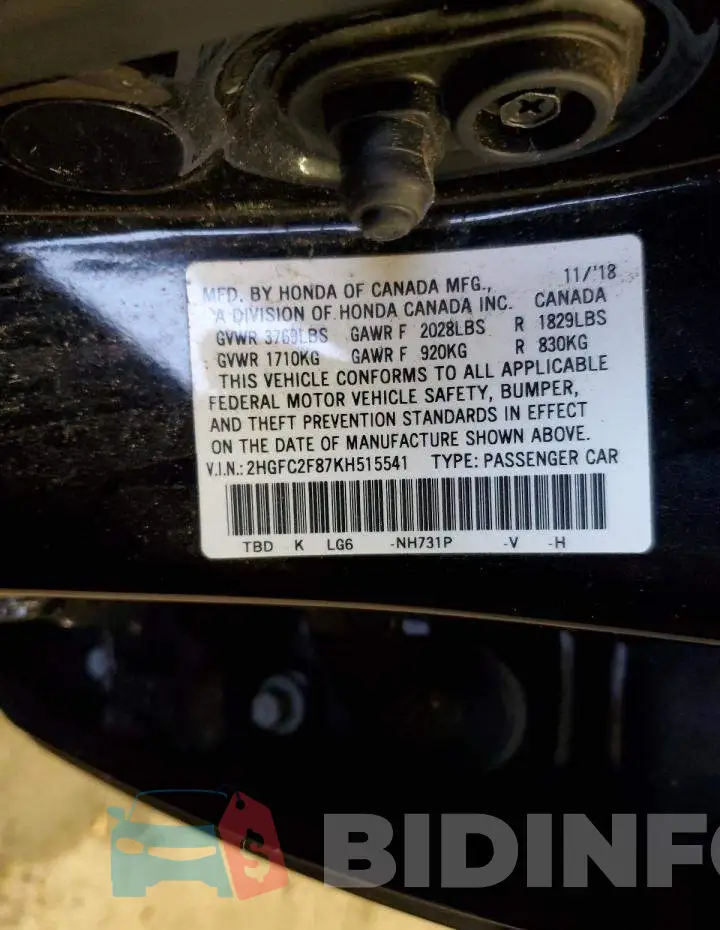 2HGFC2F87KH515541 Photo# 12