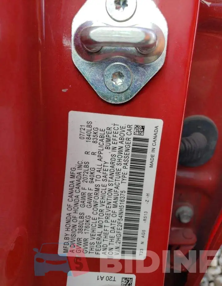2HGFE2F54NH516375 Photo# 12