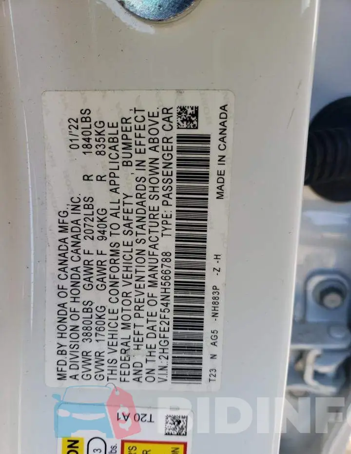 2HGFE2F54NH566788 Photo# 12