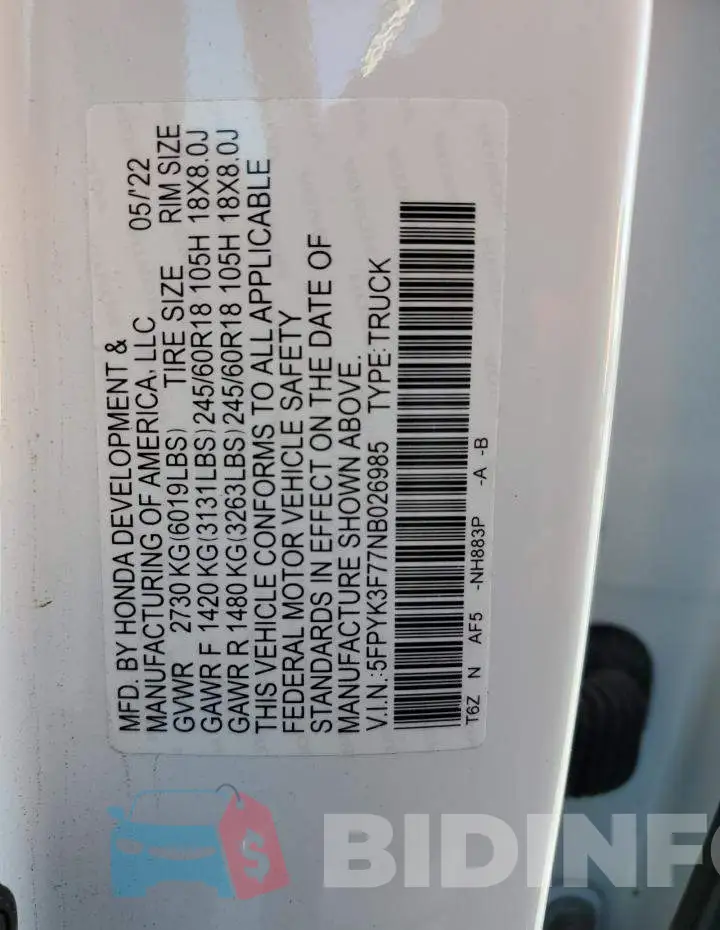 5FPYK3F77NB026985 Photo# 12