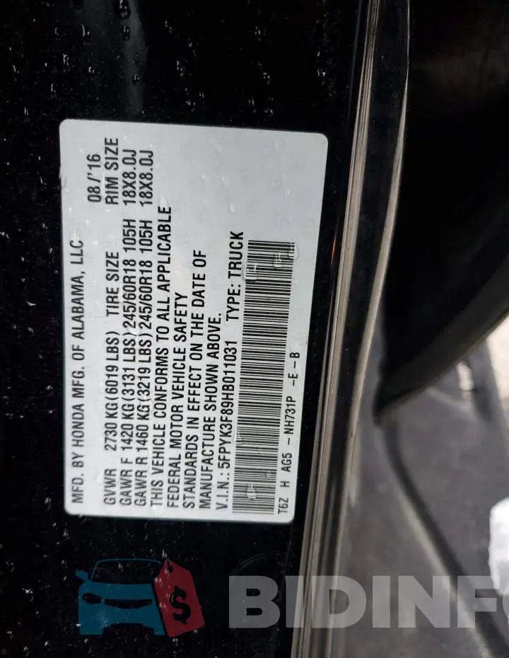 5FPYK3F89HB011031 Photo# 12