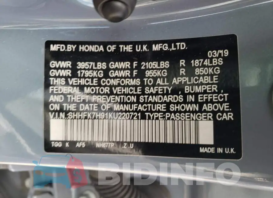 SHHFK7H91KU220721 Photo# 13