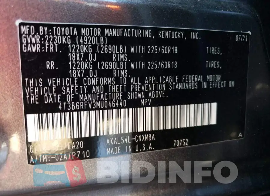 4T3B6RFV3MU046440 Photo# 14