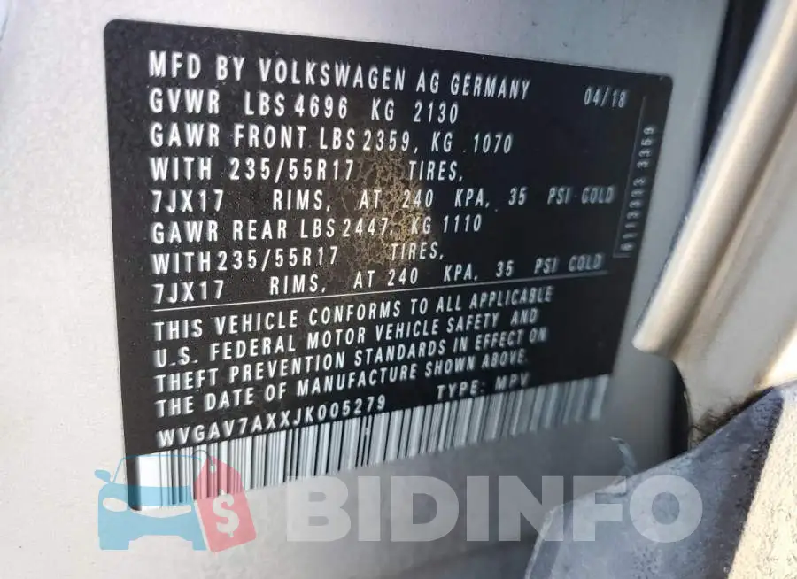 WVGAV7AXXJK005279 Photo# 12