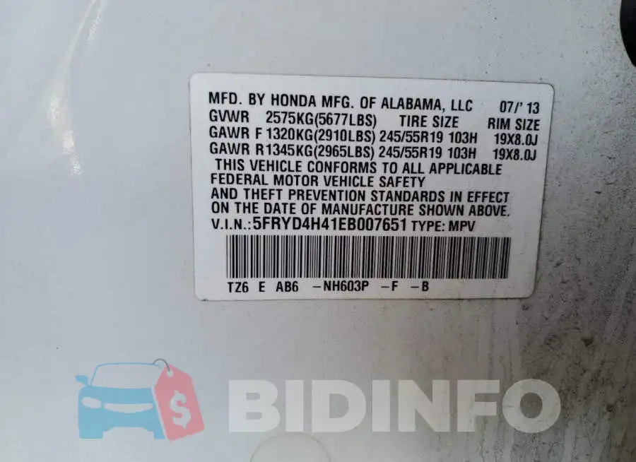 5FRYD4H41EB007651 Photo# 14