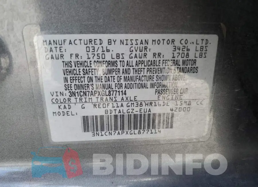 3N1CN7APXGL877114 Photo# 13