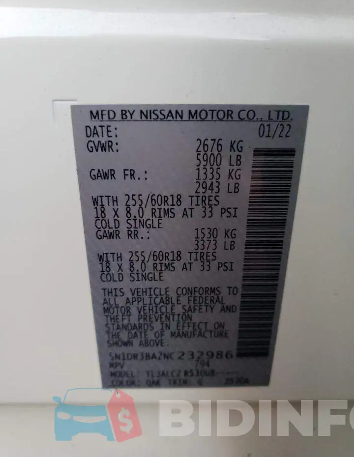 5N1DR3BA2NC232986 Photo# 12