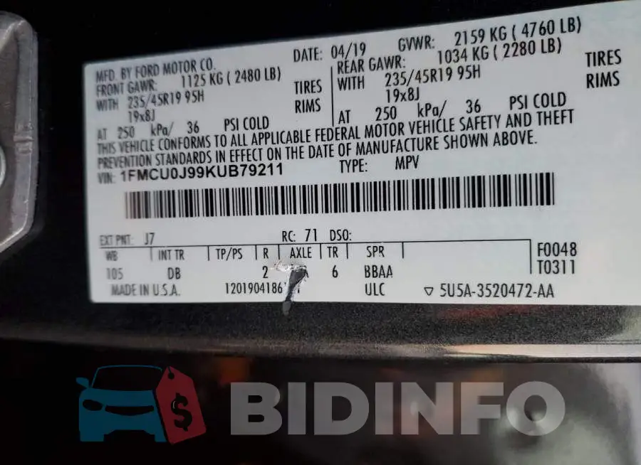 1FMCU0J99KUB79211 Photo# 12