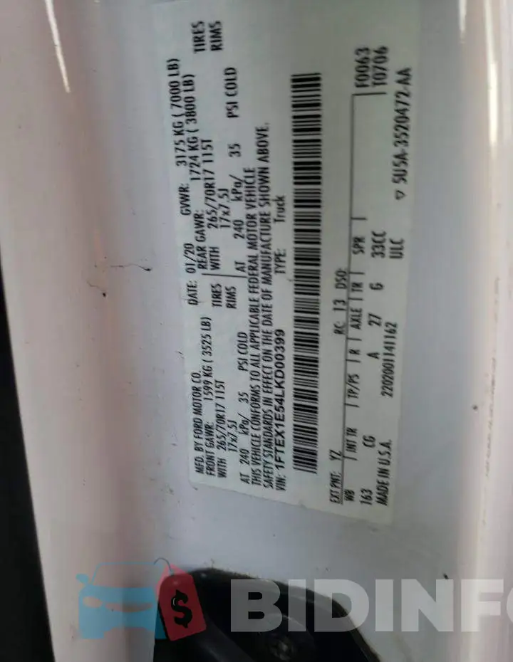 1FTEX1E54LKD00399 Photo# 12