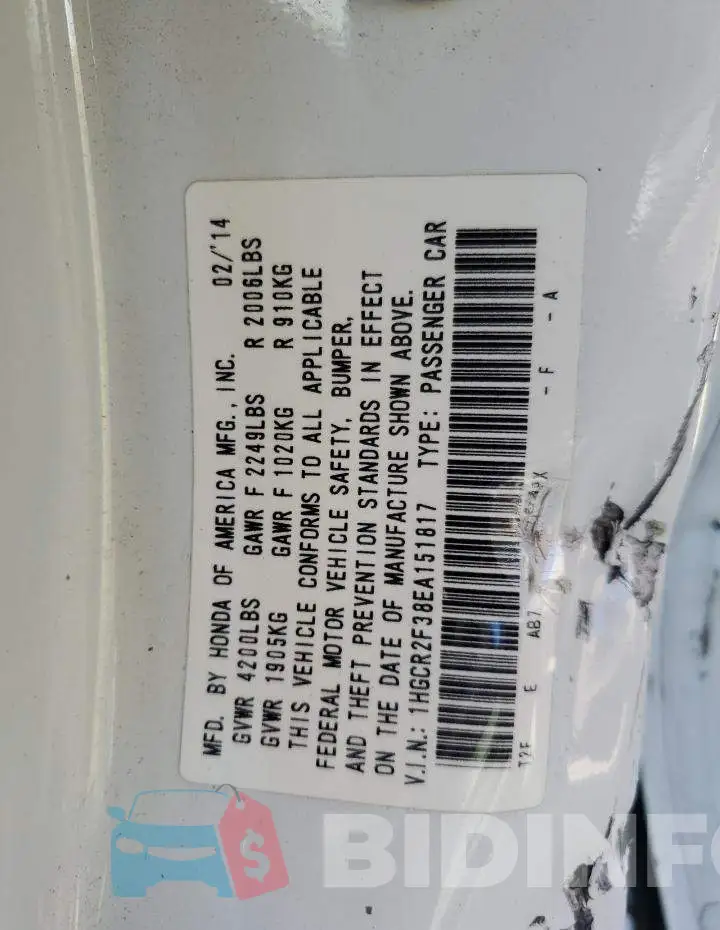 1HGCR2F38EA151817 Photo# 12