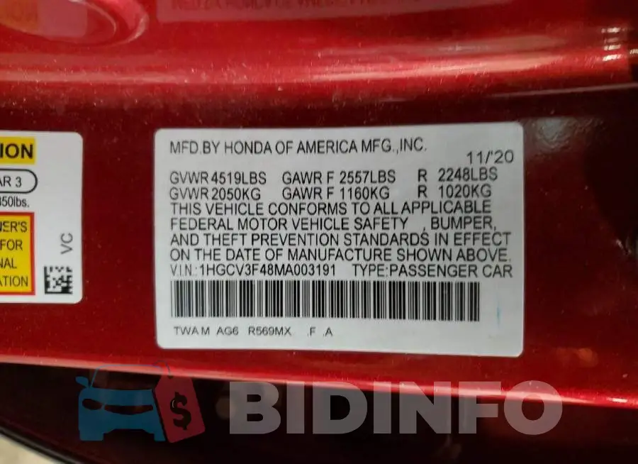 1HGCV3F48MA003191 Photo# 12