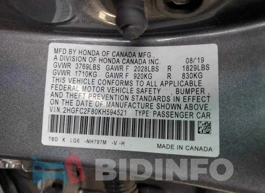2HGFC2F80KH594521 Photo# 12