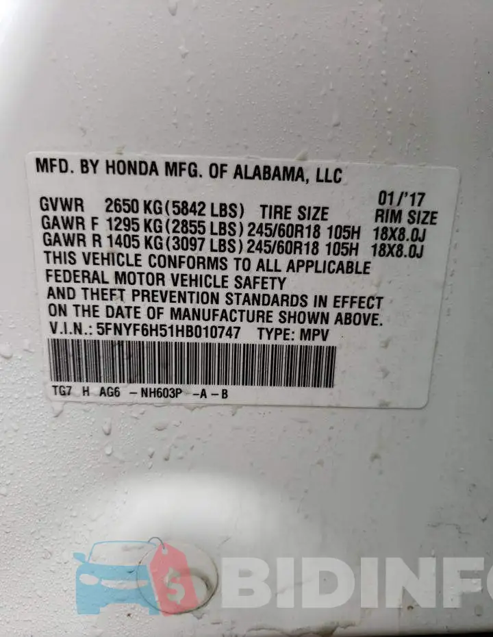 5FNYF6H51HB010747 Photo# 13