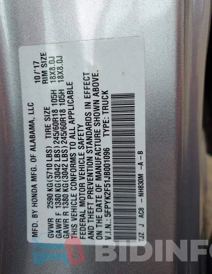 5FPYK2F51JB001096 Photo# 12