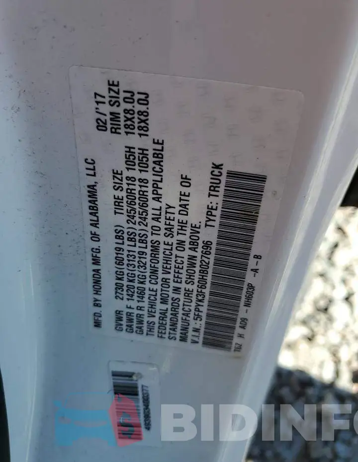 5FPYK3F60HB027696 Photo# 12