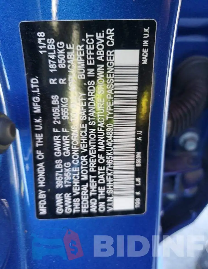 SHHFK7H65KU404890 Photo# 12