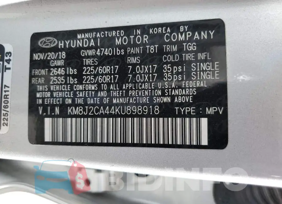 KM8J2CA44KU898918 Photo# 13