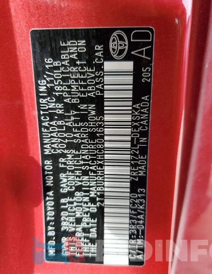 2T1BURHEXHC801635 Photo# 12