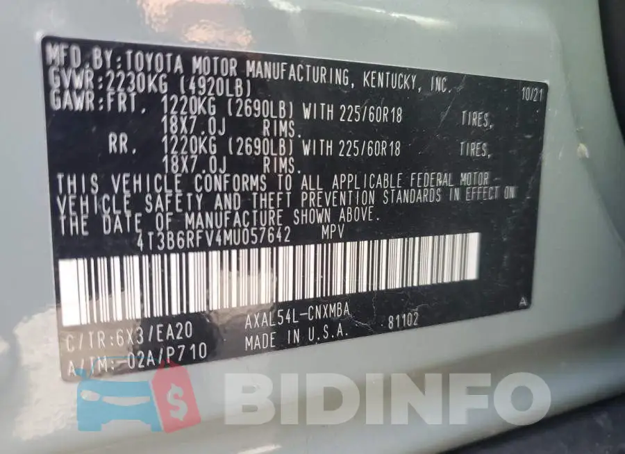4T3B6RFV4MU057642 Photo# 13