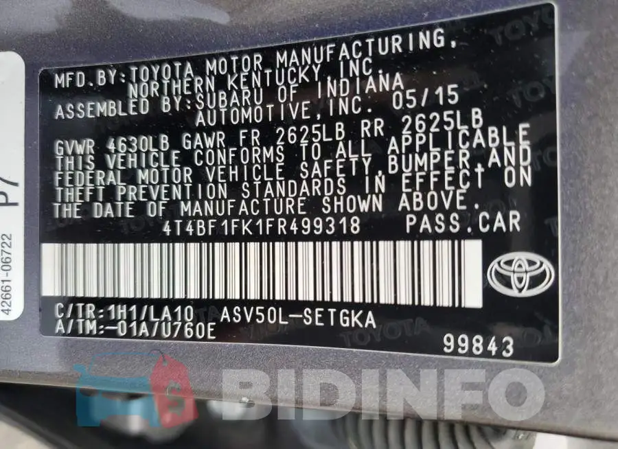 4T4BF1FK1FR499318 Photo# 12