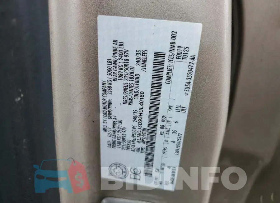 5LMCJ3D93HUL40180 Photo# 13