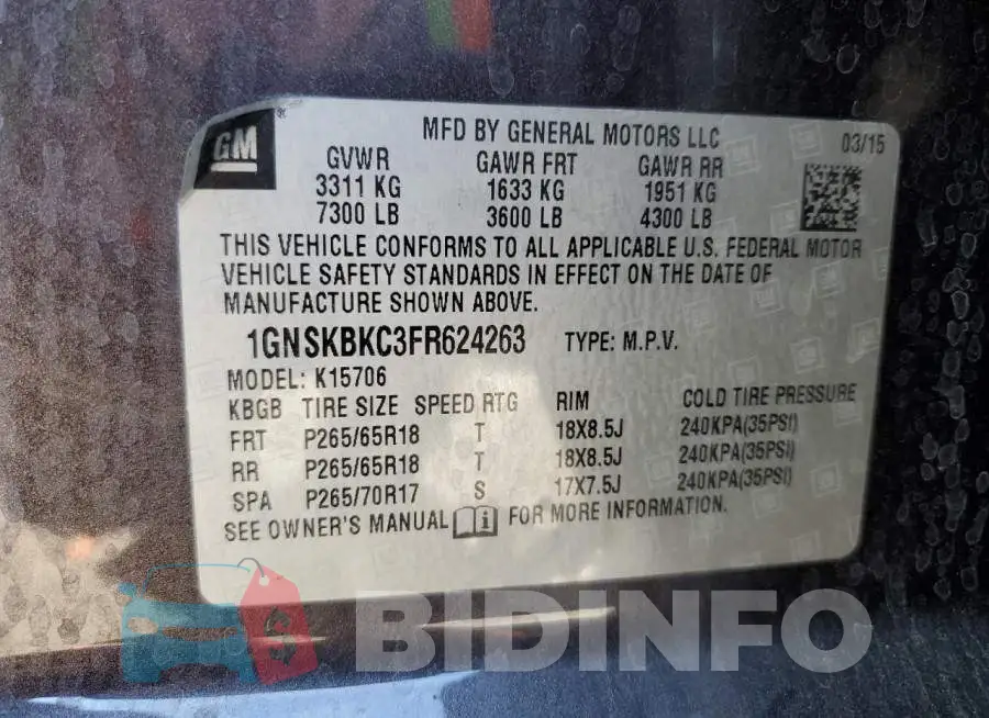 1GNSKBKC3FR624263 Photo# 12