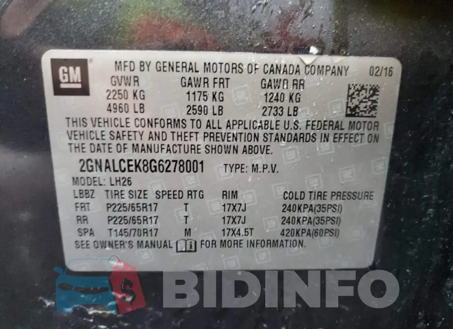 2GNALCEK8G6278001 Photo# 12