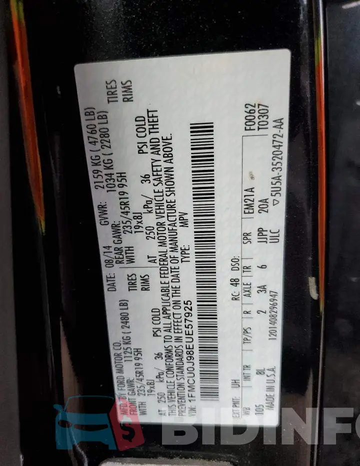 1FMCU0J98EUE57925 Photo# 12