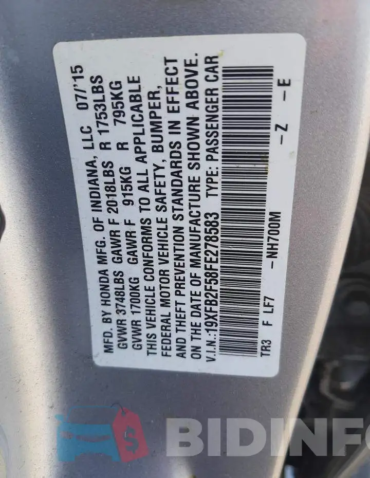 19XFB2F58FE278583 Photo# 12