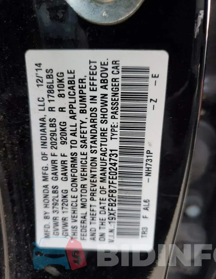 19XFB2F87FE024731 Photo# 12