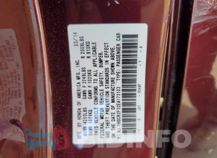1HGCR2F32EA173103 Photo# 12