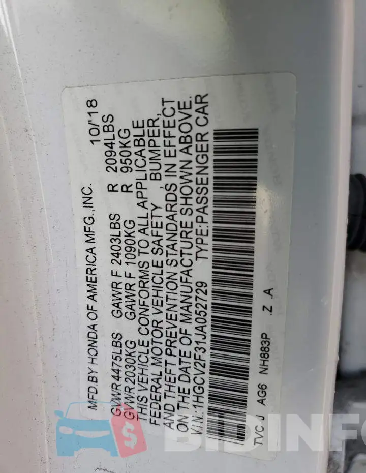 1HGCV2F31JA052729 Photo# 12