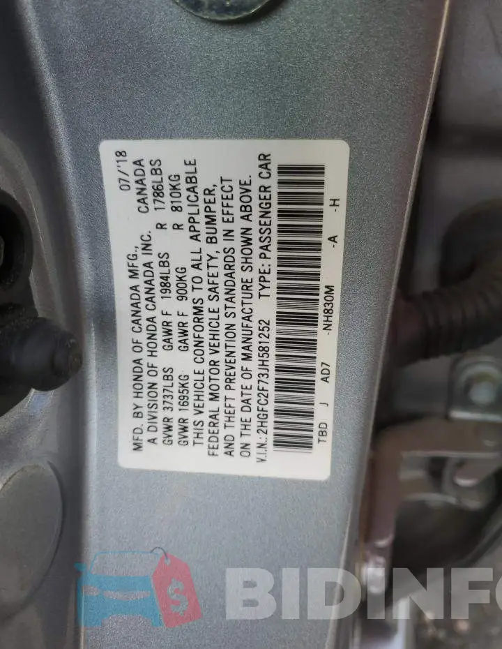 2HGFC2F73JH581252 Photo# 12