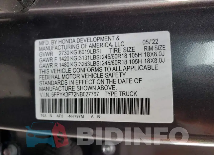 5FPYK3F72NB027767 Photo# 12