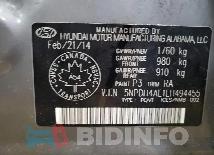 5NPDH4AE1EH494455 Photo# 12